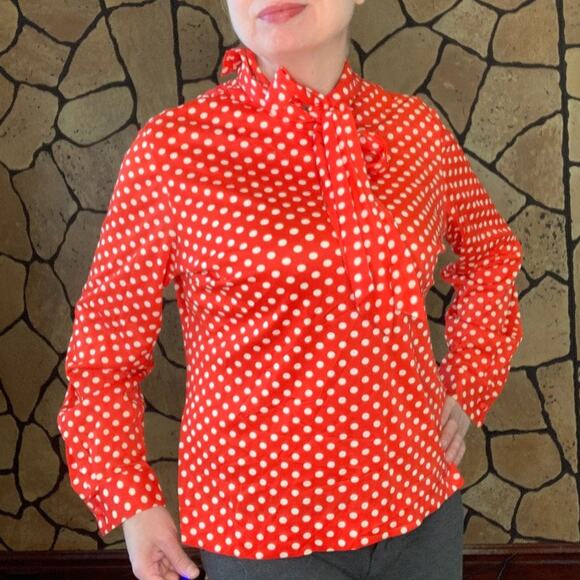 Vintage 70s Red Polka Dot Blouse with Bow Neck – Stoner Square, Size 16 - Picture 5 of 16